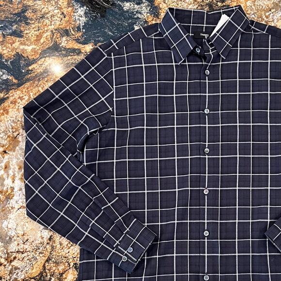 NWT Theory Men's Navy Irving Multi Standard-Fit Shirt in Ombré Grid Cotton -  L - Picture 4 of 9